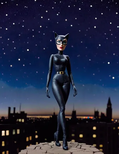 <lora:Clay Animation:1> Clay Animation page (claymation Catwoman Selina Kyle DC in night sky:1.1)