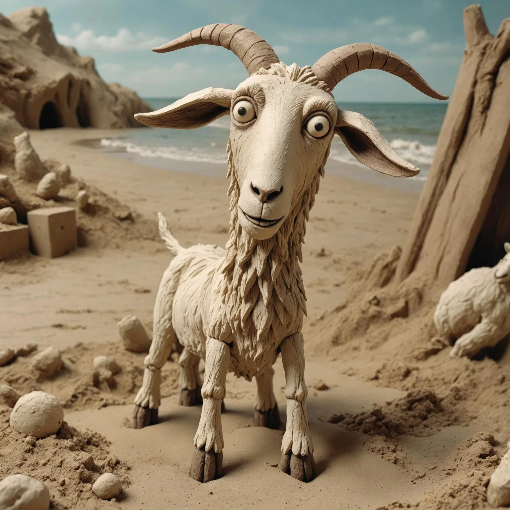 <lora:Jan Svankmajer Style:1> Jan Å vankmajer Style page <lora:Clay Animation:1> Clay Animation page, Goat in Beach