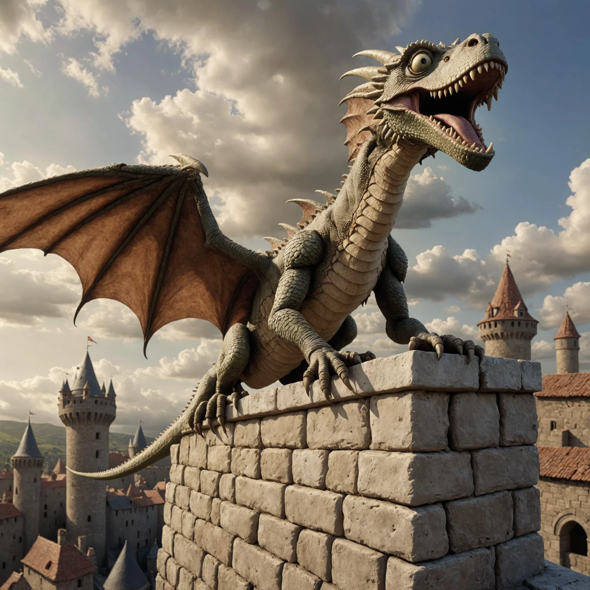 pixar style render, caricature, <lora:Clay Animation:1> Clay Animation page <lora:Jan Svankmajer Style:1> Jan Å vankmajer Style page Atop the ancient castle walls, the Wyvern perched with predatory patience, its reptilian eyes scanning the horizon for any sign of movement. With each beat of its leathery wings, it launched itself into the sky, unleashing a barrage of fiery breath upon those below., sharp contrast, High-Angle Shot, 24mm, f/2.8, looking at viewer, flat colors, 4k, professional, award-winning, highly detailed, volumetric, dramatic lighting