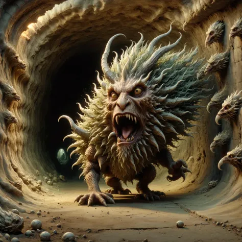 breathtaking pixar style render, caricature, <lora:Clay Animation:1> Clay Animation page <lora:Jan Svankmajer Style:1> Jan Å vankmajer Style page <lora:ral-dissolve-sdxl:0.8> ral-dissolve Deep within the labyrinthine tunnels, the Manticore stalked with silent menace, its barbed tail poised to strike at a moment's notice. With each flick of its tail, it unleashed a volley of deadly spines that pierced through armor and flesh alike., in A creepy, rundown motel in the middle of nowhere, with flickering neon signs, sharp contrast, Long Shot, 50mm, f/2.8 <lora:Explosion Artstyle - Trigger is Explosion Artstyle:0.8> Explosion Artstyle , looking at viewer, flat colors, 4k, professional, award-winning, highly detailed, volumetric, dramatic lighting, masterpiece, award-winning, professional, highly detailed