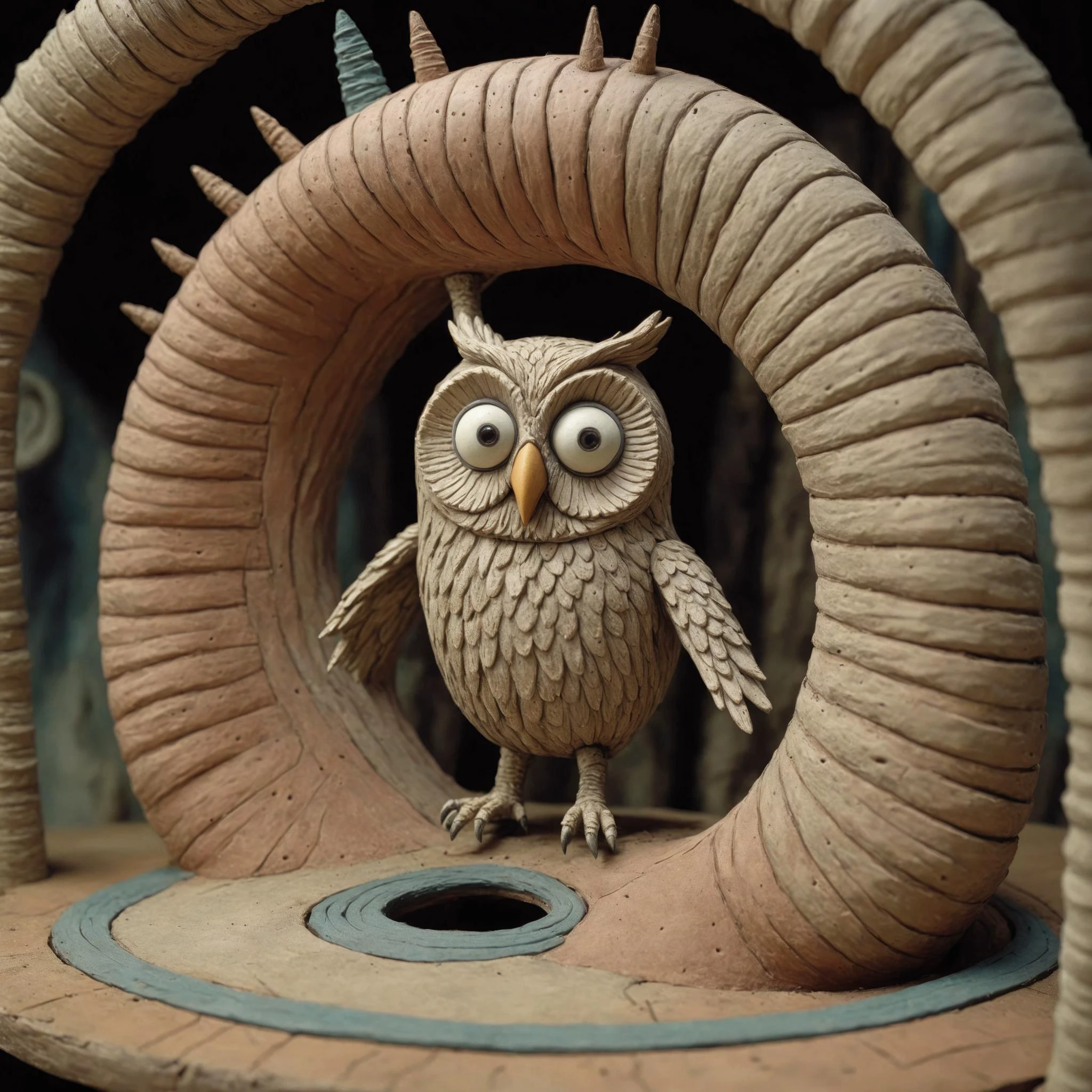 <lora:Jan Svankmajer Style:1> Jan Å vankmajer Style page <lora:Clay Animation:1> Clay Animation page, Owl in Wormhole