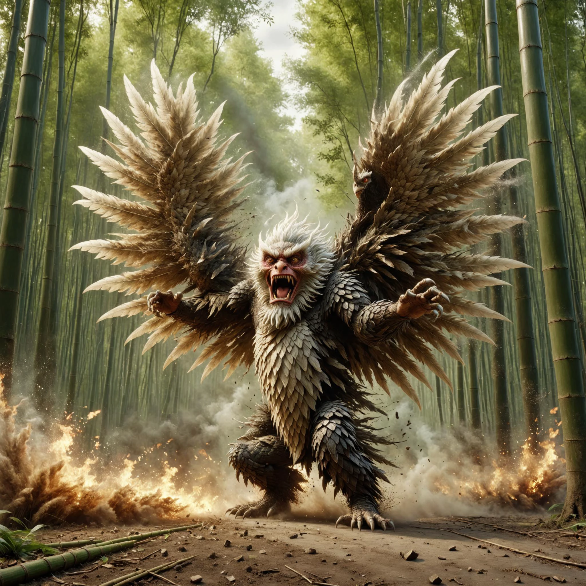 breathtaking pixar style render, caricature, <lora:Clay Animation:1> Clay Animation page <lora:Jan Svankmajer Style:1> Jan Å vankmajer Style page <lora:ral-dissolve-sdxl:0.8> ral-dissolve Among the towering bamboo forests, the Tengu soared with effortless grace, its wings slicing through the air like a blade. With each swoop, it unleashed a barrage of razor-sharp feathers, cutting down its enemies with deadly precision., in A creepy, rundown motel in the middle of nowhere, with flickering neon signs, sharp contrast, Silhouette Shot, 50mm, f/2.8 <lora:Explosion Artstyle - Trigger is Explosion Artstyle:0.8> Explosion Artstyle , looking at viewer, flat colors, 4k, professional, award-winning, highly detailed, volumetric, dramatic lighting, masterpiece, award-winning, professional, highly detailed