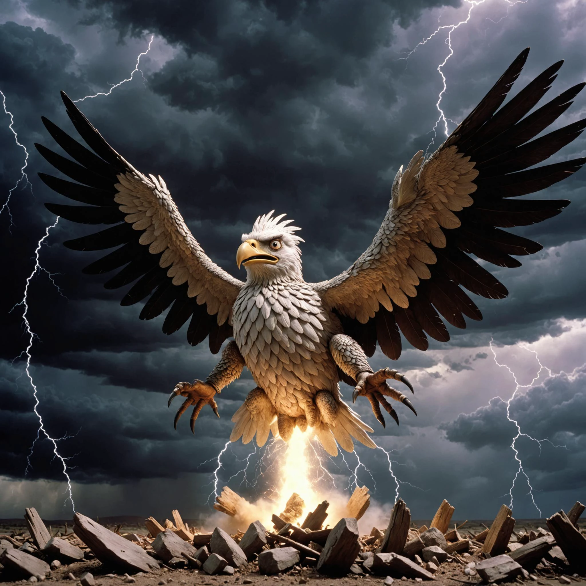 pixar style render, caricature, <lora:Clay Animation:1> Clay Animation page <lora:Jan Svankmajer Style:1> Jan Å vankmajer Style page Amidst the storm-tossed skies, the Thunderbird soared with thunderous fury, its massive wings crackling with electricity. With each clap of thunder, it unleashed a barrage of lightning bolts that split the sky and sent lesser creatures fleeing in terror., sharp contrast, High-Angle Shot, 24mm, f/2.8, looking at viewer, flat colors, 4k, professional, award-winning, highly detailed, volumetric, dramatic lighting