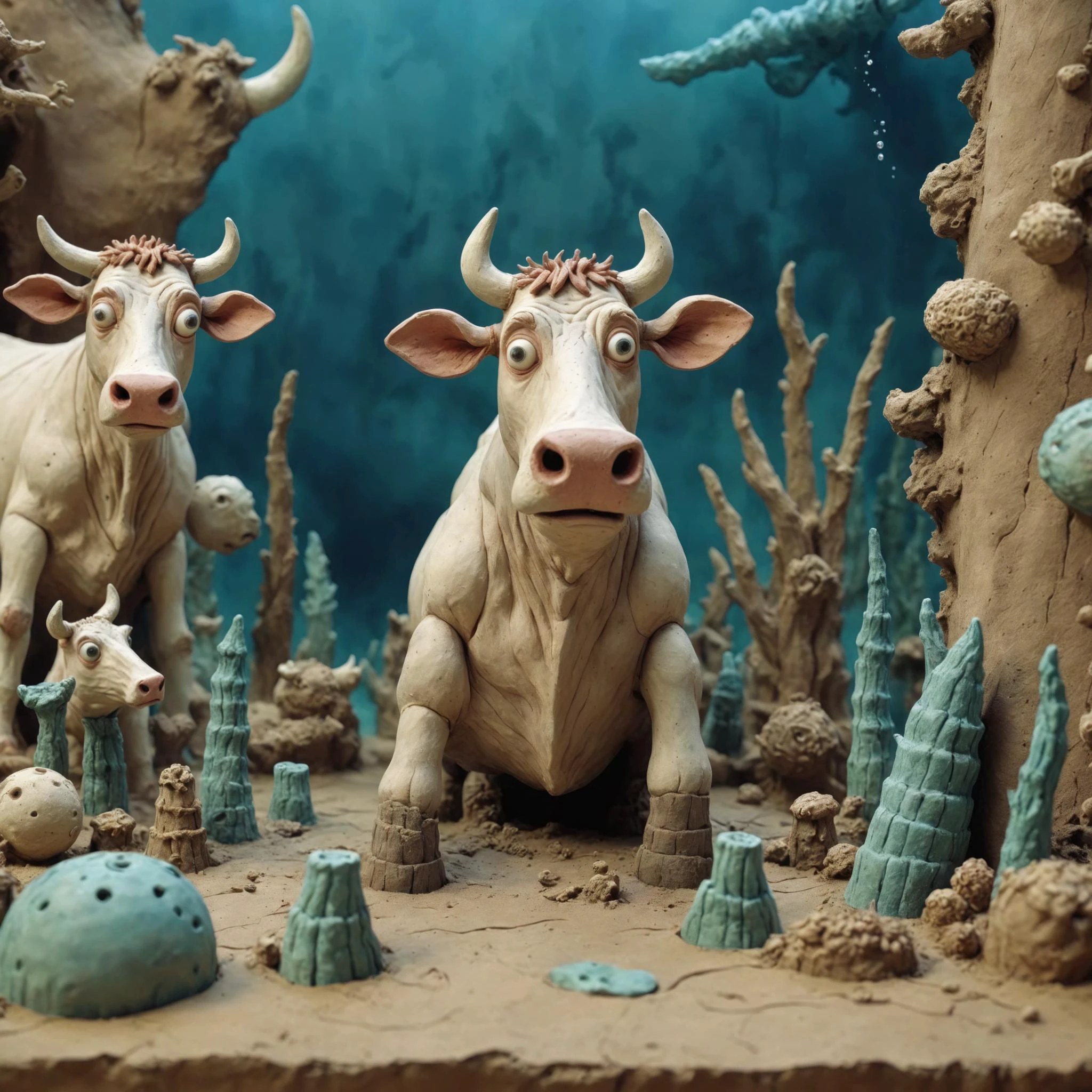 <lora:Jan Svankmajer Style:1> Jan Å vankmajer Style page <lora:Clay Animation:1> Clay Animation page, Cow in Underwater world