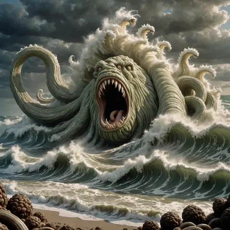 pixar style render, caricature, <lora:Clay Animation:1> Clay Animation page <lora:Jan Svankmajer Style:1> Jan Å vankmajer Style page Beneath the churning waves, the Leviathan lurked with primordial fury, its serpentine form coiling around the ocean floor like a slumbering giant. With each seismic shift, it sent tsunamis crashing against the shore, reminding the world of its unfathomable power., sharp contrast, Long Shot, 50mm, f/2.8, looking at viewer, flat colors, 4k, professional, award-winning, highly detailed, volumetric, dramatic lighting