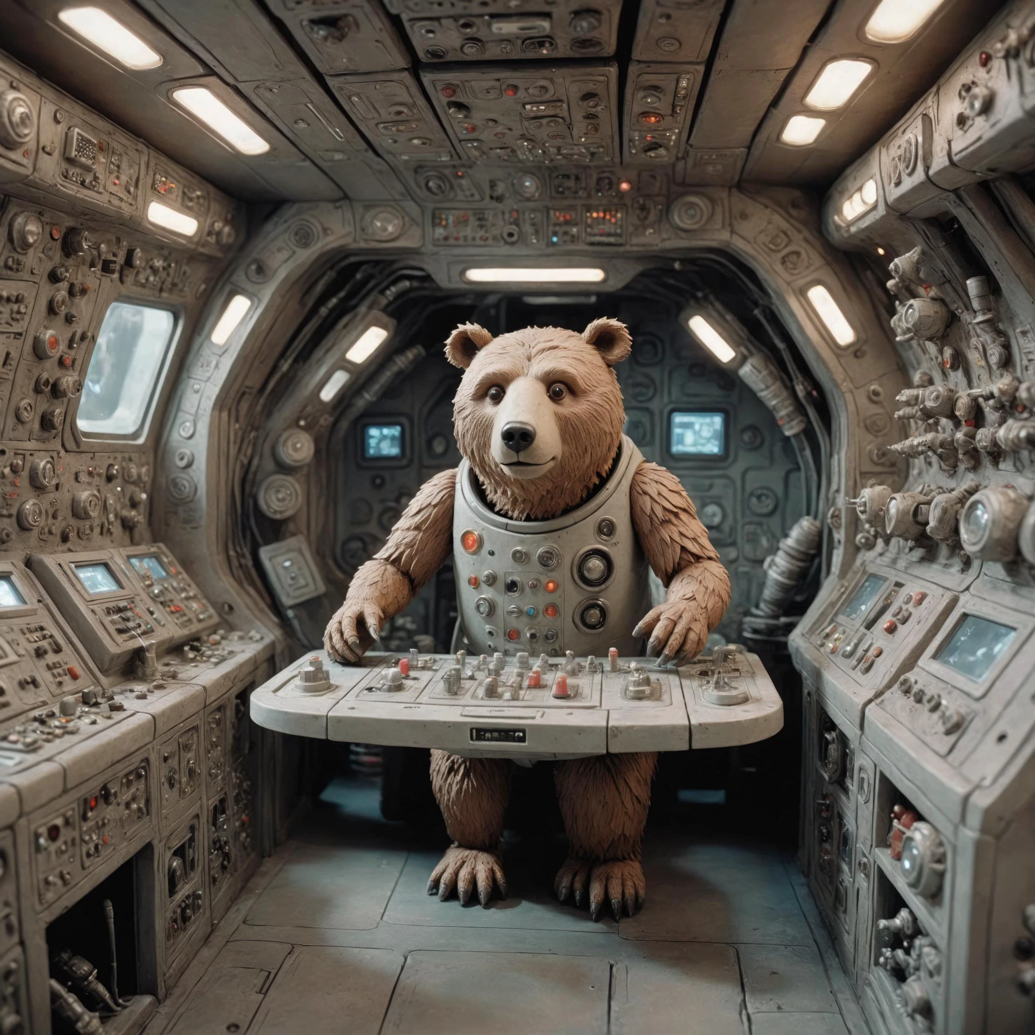 <lora:Jan Svankmajer Style:1> Jan Å vankmajer Style page <lora:Clay Animation:1> Clay Animation page, Bear the sterile, metallic interior of a spaceship, with blinking control panels and futuristic technology lining the walls