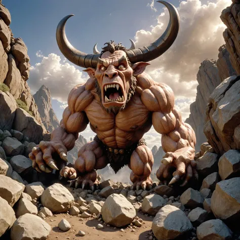 pixar style render, caricature, <lora:Clay Animation:1> Clay Animation page <lora:Jan Svankmajer Style:1> Jan Å vankmajer Style page Atop the craggy cliffs, the Minotaur bellowed with primal fury, its massive horns glistening in the sunlight. With each thunderous charge, it shook the very ground beneath its hooves, toppling boulders and sending them crashing down upon its foes., sharp contrast, High-Angle Shot, 24mm, f/2.8, looking at viewer, flat colors, 4k, professional, award-winning, highly detailed, volumetric, dramatic lighting