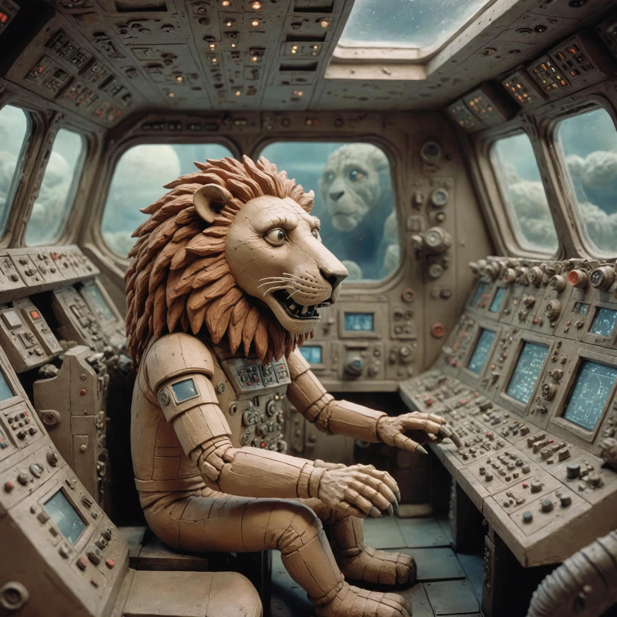 <lora:Jan Svankmajer Style:1> Jan Å vankmajer Style page <lora:Clay Animation:1> Clay Animation page, Lion a cramped spaceship cockpit with blinking monitors, control panels, and the vast expanse of space visible through the windows