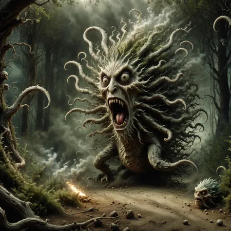 breathtaking pixar style render, caricature, <lora:Clay Animation:1> Clay Animation page <lora:Jan Svankmajer Style:1> Jan Å vankmajer Style page <lora:ral-dissolve-sdxl:0.8> ral-dissolve In the dark depths of the forest, the Jabberwocky lurked with sinister intent, its twisted form moving with unnatural speed and agility. With each swipe of its razor-sharp claws, it tore through the underbrush, leaving behind a trail of devastation in its wake., in A sinister carnival tent, filled with eerie attractions and mysterious performers, sharp contrast, Tracking Shot, 50mm, f/2.8 <lora:Explosion Artstyle - Trigger is Explosion Artstyle:0.8> Explosion Artstyle , looking at viewer, flat colors, 4k, professional, award-winning, highly detailed, volumetric, dramatic lighting, masterpiece, award-winning, professional, highly detailed
