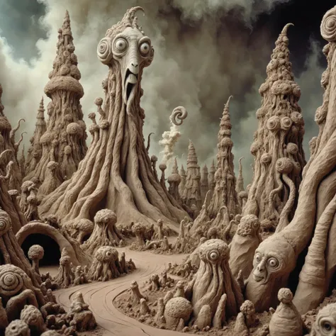 <lora:Jan Svankmajer Style:1> Jan Å vankmajer Style page <lora:Clay Animation:1> Clay Animation page, Goat a surreal, otherworldly landscape with towering rock formations, swirling mists, and strange, alien flora and fauna