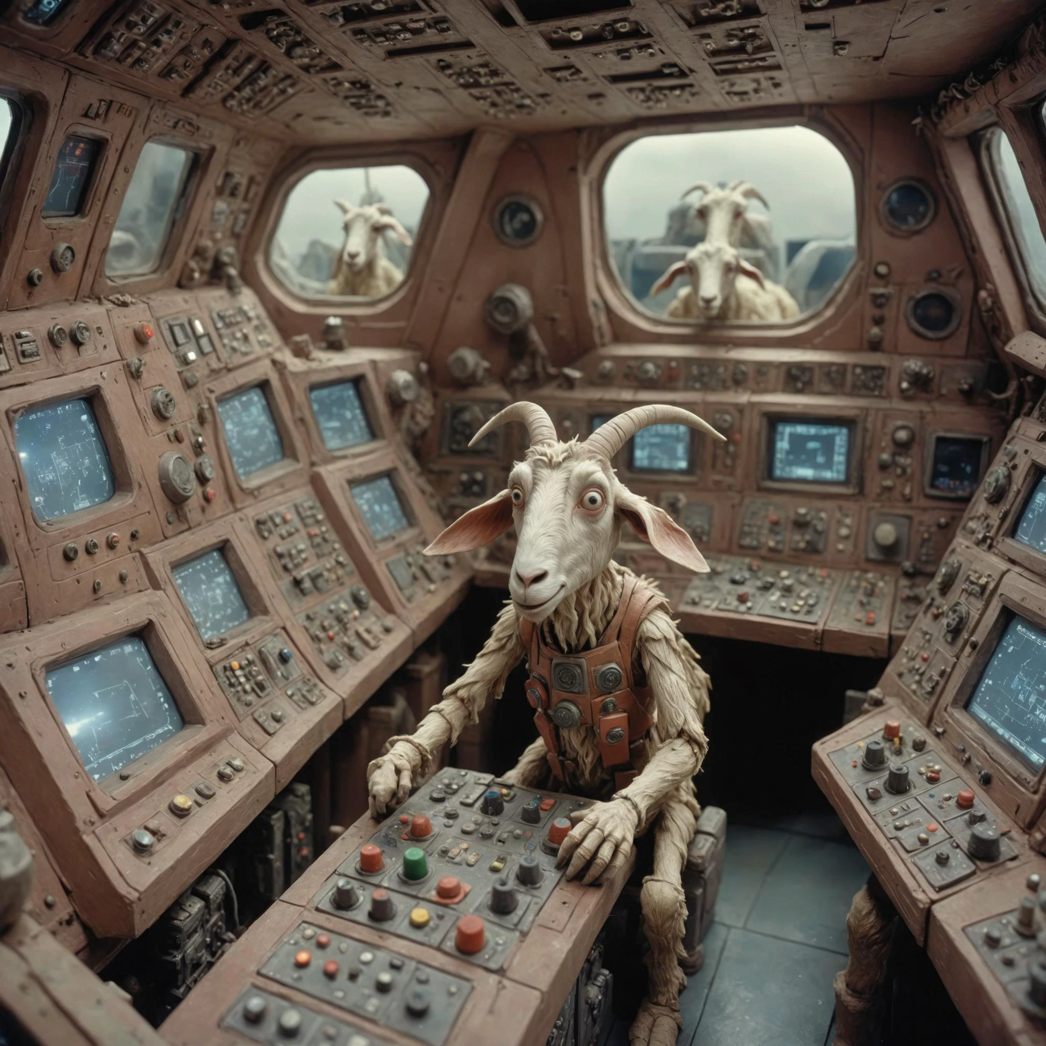<lora:Jan Svankmajer Style:1> Jan Å vankmajer Style page <lora:Clay Animation:1> Clay Animation page, Goat a cramped spaceship cockpit with blinking monitors, control panels, and the vast expanse of space visible through the windows