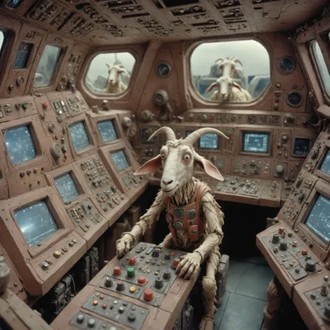 <lora:Jan Svankmajer Style:1> Jan Å vankmajer Style page <lora:Clay Animation:1> Clay Animation page, Goat a cramped spaceship cockpit with blinking monitors, control panels, and the vast expanse of space visible through the windows