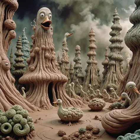 <lora:Jan Svankmajer Style:1> Jan Å vankmajer Style page <lora:Clay Animation:1> Clay Animation page, Duck a surreal, otherworldly landscape with towering rock formations, swirling mists, and strange, alien flora and fauna