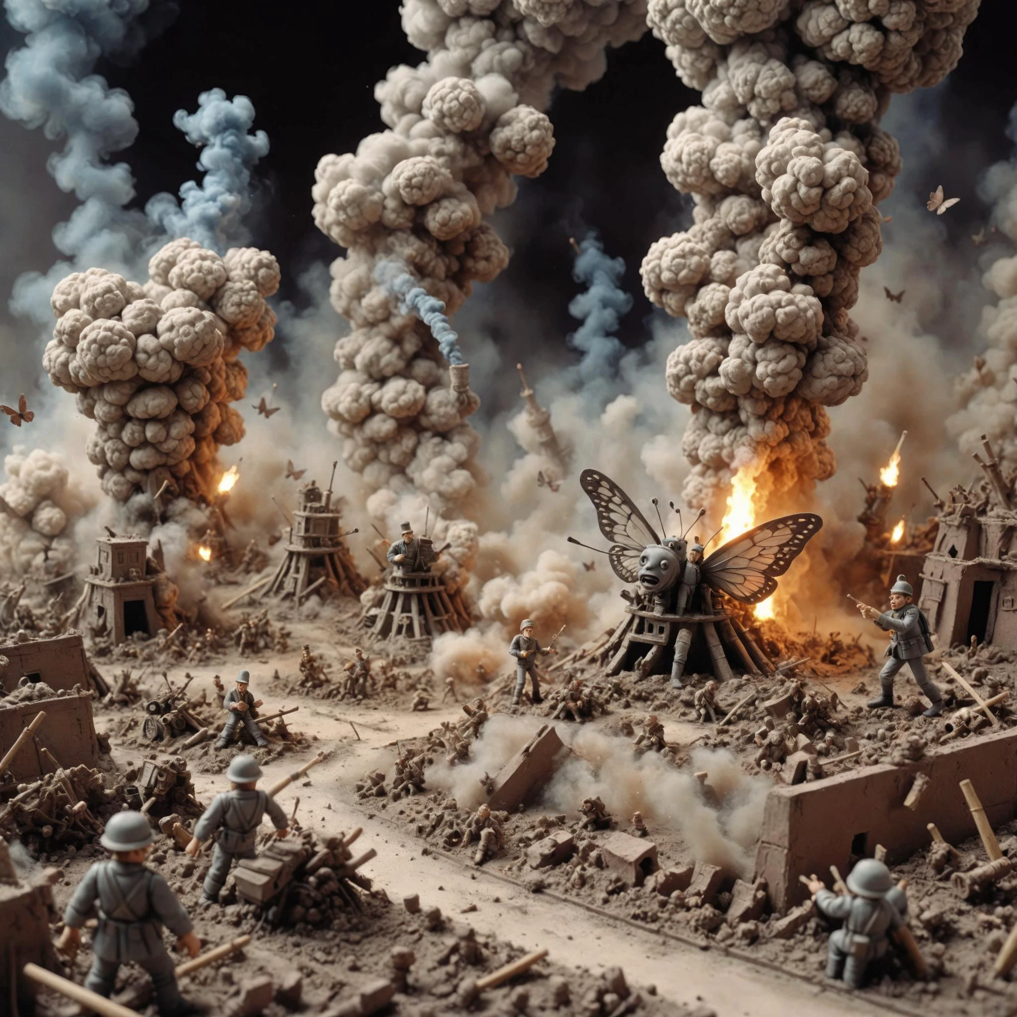 <lora:Jan Svankmajer Style:1> Jan Å vankmajer Style page <lora:Clay Animation:1> Clay Animation page, Butterfly a smoke-filled battlefield with artillery fire illuminating the chaos and destruction