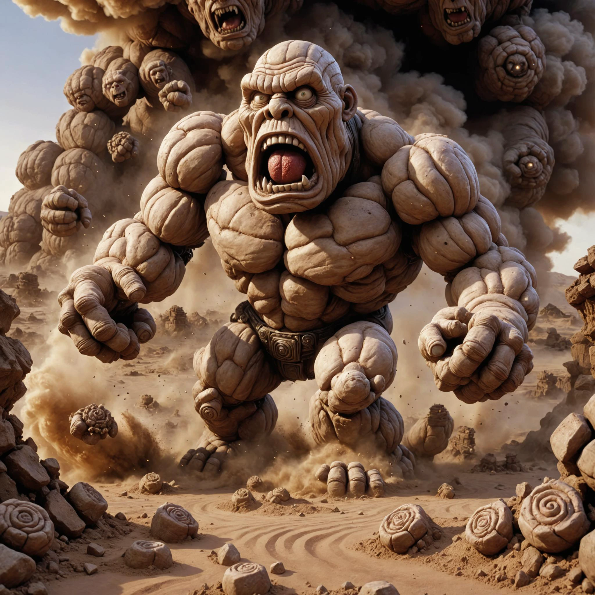 pixar style render, caricature, <lora:Clay Animation:1> Clay Animation page <lora:Jan Svankmajer Style:1> Jan Å vankmajer Style page Amidst the swirling sands of the desert, the Golem rose from the earth with unstoppable force, its massive fists smashing through stone and steel alike. With each step, it left behind a trail of destruction, its eyes glowing with the fire of a thousand suns., sharp contrast, Over-the-Shoulder Shot, 35mm, f/2.0, looking at viewer, flat colors, 4k, professional, award-winning, highly detailed, volumetric, dramatic lighting