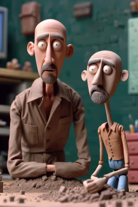 Centered medium film shot, of claymation JRR01, goatee, bald 40yr old man made of clay, a tech engineer with pocket protector, 3D image showing JRR01 with a disappointed expression, staring at a strange machine on desk <lora:JRR01_XL:0.8> <lora:Clay Animation:1> Clay Animation page