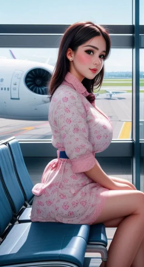 1girl with a pretty face, ideal facial features, detailed eyes, detailed lips, (blush:1.4), skin textures, skin pores, skin fuzz, slim hourglass figure, (anatomically correct proportions:1.3), (photorealistic:1.3), (vibrant colors, low contrast, 8k, high quality, shot on Fujifilm X-T4, 1/200, f16, ISO 1250), <lora:epiCRealismHelper:0.99>, <lora:Detail Slider V2 By Stable :0.4>, <lora:picxer_real:0.0>, cleavage, huge breasts, <lora:breastsizeslideroffset:0.4>, <lora:Sagging Breasts v1:1.5> sagging breasts, <lora:girllikedeparturelounge:0.8> (closeup:1.2), overlooking, departure lounge, (floor-to-ceiling panoramic windows, glass, reflection:0.9), sitting on airport seating, neck ribbon, floral dress, pantyhose, high heels, suitcase, airplane, service personnel, hello kitty logo, service counter