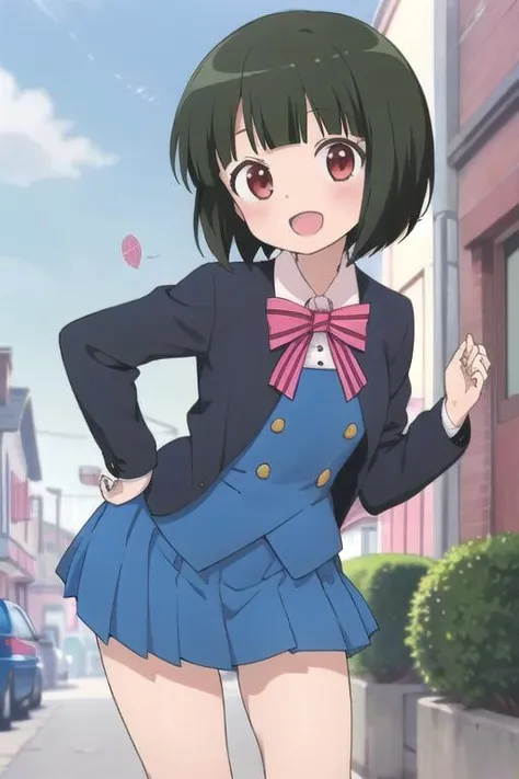 masterpiece,ultra detail,best quality,1girl,petite,smile,red eyes,open mouth,short green bob cut,school uniform,blunt bangs,jacket,pink striped bow,blue skirt,pink bowtie,cloud,sunshine <lora:ShinobuOomiya:0.7>speech bubble,heart,leg,leaning forward,outdoor,town street