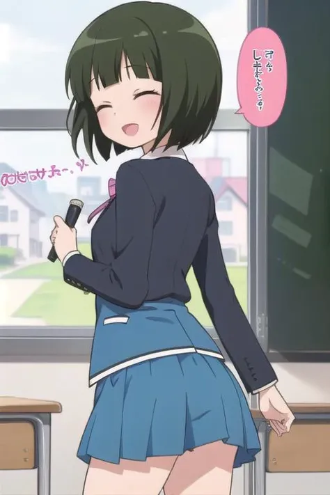 masterpiece,ultra detail,best quality,1girl,smile,closed eyes,open mouth,short green bob cut,school uniform,blunt bangs,jacket,pink striped bow,blue skirt,pink bowtie,classroom <lora:ShinobuOomiya:0.7>speech bubble,heart,from back,leg