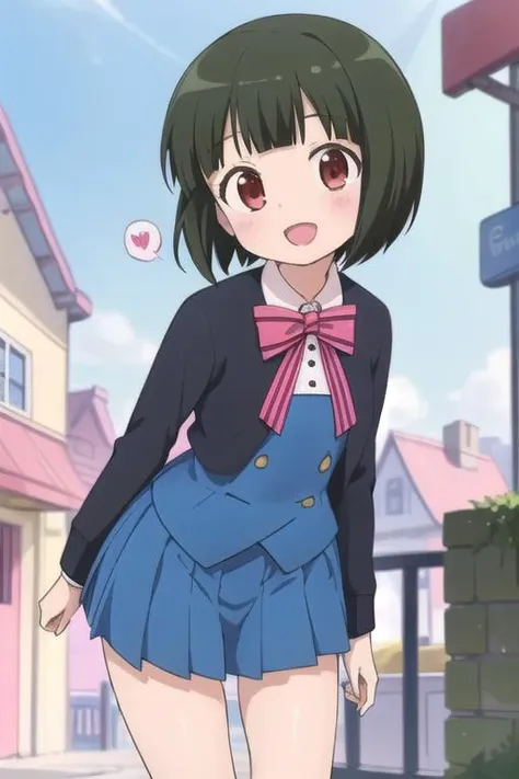 masterpiece,ultra detail,best quality,1girl,petite,smile,red eyes,open mouth,short green bob cut,school uniform,blunt bangs,jacket,pink striped bow,blue skirt,pink bowtie,cloud,sunshine <lora:ShinobuOomiya:0.7>speech bubble,heart,leg,leaning forward,outdoor,town street