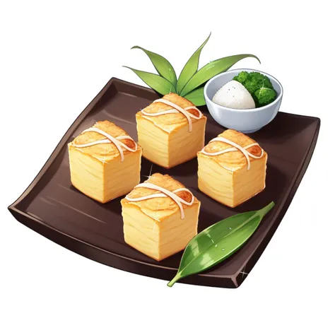 <lora:game_food_v1:1>,food_focus, no_humans, still_life, transparent_background, sparkle, leaf, simple_background, tamagoyaki, plate, tray, lemon, fish_\(food\), onigiri, rice