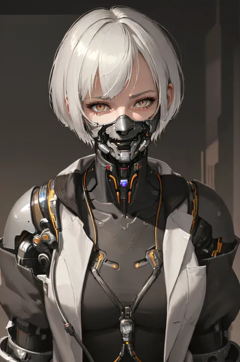 (masterpiece, best quality, ultra-detailed, best shadow), (western style:0.5), (realistic:1.2), analog style, (fibonacci), (detailed background, upper body, mid shot, looking at viewer, happy, android, cyberpunk, hospital), (beautiful detailed face, feminine features, mature face, (Cybernetic_Jawless), mask, cybernetic), (best illumination), ((cinematic light)), colorful, hyper detail, dramatic light, intricate details, (woman named Saeli, short, skinny, white hair, white eyes, short hair, (lab coat, scrubs, doctor)), made by mori , <lora:zyd232_CyberneticJawless_v1_1:0.8>