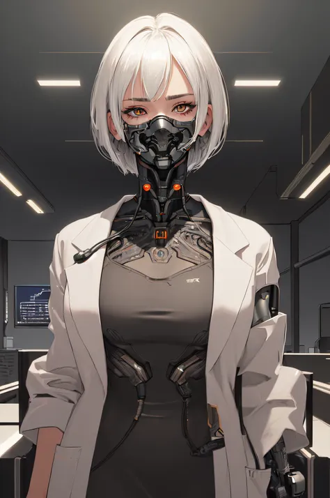 (masterpiece, best quality, ultra-detailed, best shadow), (western style:0.5), (realistic:1.2), analog style, (fibonacci), (detailed background, upper body, mid shot, looking at viewer, happy, android, cyberpunk, hospital), (beautiful detailed face, feminine features, mature face, (Cybernetic_Jawless), mask, cybernetic), (best illumination), ((cinematic light)), colorful, hyper detail, dramatic light, intricate details, (woman named Saeli, short, skinny, white hair, white eyes, short hair, (lab coat, scrubs, doctor)), made by mori , <lora:zyd232_CyberneticJawless_v1_1:0.8>