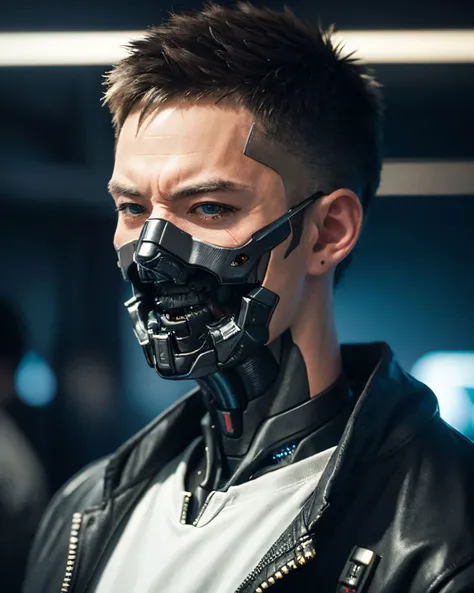 (photorealistic:1.4), (best quality:1.0), (ultra highres:1.0), 8k, RAW photo, (masterpiece:0.2), portrait, (from side:0.6), 
<lora:zyd232_CyberneticJawless_v1_1:0.8> Cybernetic_Jawless, mask, mechanical parts, cybernetic, 1man, asian (male:1.2), very short hair, jacket, 
(cyberpunk street:1.2)