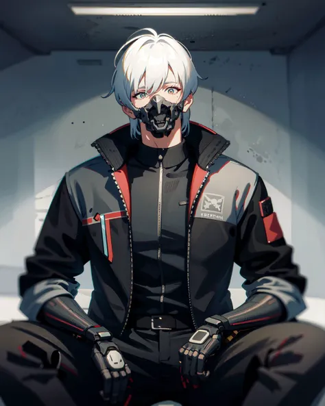 (masterpiece:0.2), portrait, (best quality:1.0), (ultra highres:1.0), 8k, sitting, upper body,
<lora:zyd232_CyberneticJawless_v1_1:1> Cybernetic_Jawless, mask, mechanical parts, cybernetic, 1boy, man, (male:1.2), jacket, white hair, looking at viewer,