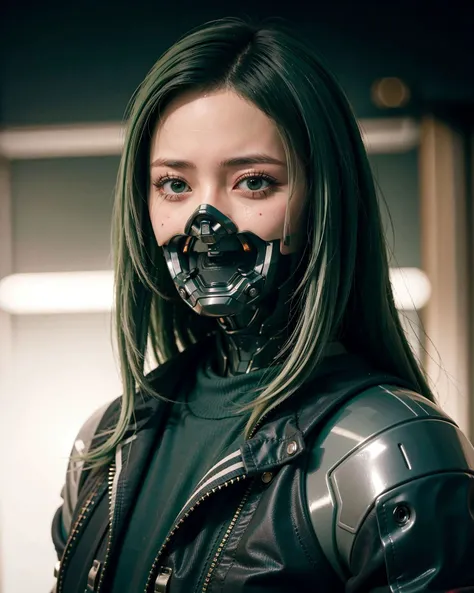(photorealistic:1.4), (best quality:1.0), (ultra highres:1.0), 8k, RAW photo, (masterpiece:0.2), portrait, face focus, 
<lora:zyd232_CyberneticJawless_v1_1:1> Cybernetic_Jawless, mask, mechanical parts, cybernetic, 1girl, asian girl, jacket, (long hair:1.5), (green hair:1.5), 
cyberpunk street background, (neon:1.2),