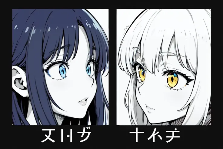 (best quality, ultra detailed), monochrome, selective color eyes, yellow eyes and blue eyes, comic, title, girl, cropped, from side, <lora:black_moment_pic:1.0>, black background, symmetry, striped background,