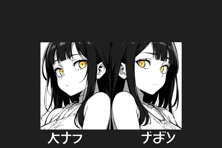 (best quality, ultra detailed), column lineup, monochrome, selective color eyes, yellow eyes, comic, title, girl, cropped, from side, <lora:black_moment_pic:1.0>, black background, symmetry, striped background,