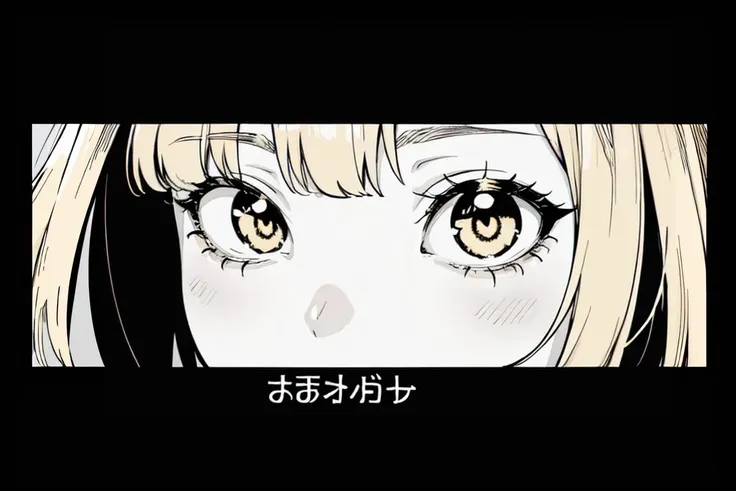 (best quality, ultra detailed), monochrome, comic, title, 1girl, close up, cropped eyes, diagonal angle, <lora:black_moment_pic:0.8>, black background, asymmetry, striped background, gold theme,