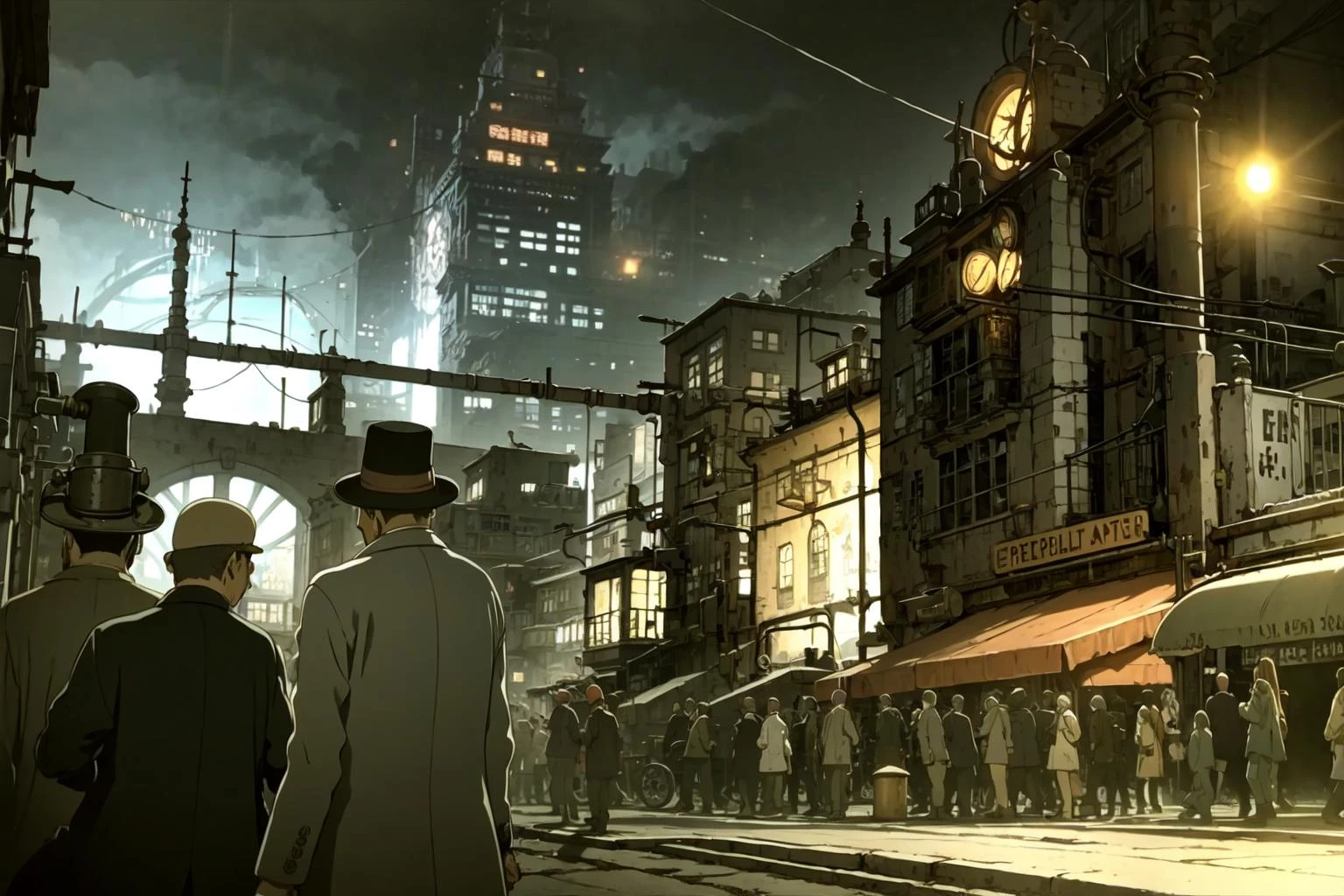 ((Best quality)), ((masterpiece)),(2d:1),(floating colorful water:1),(steampunk:1.2),night, scenery, city, arch, cloud, smoke,weapon,rain,street,