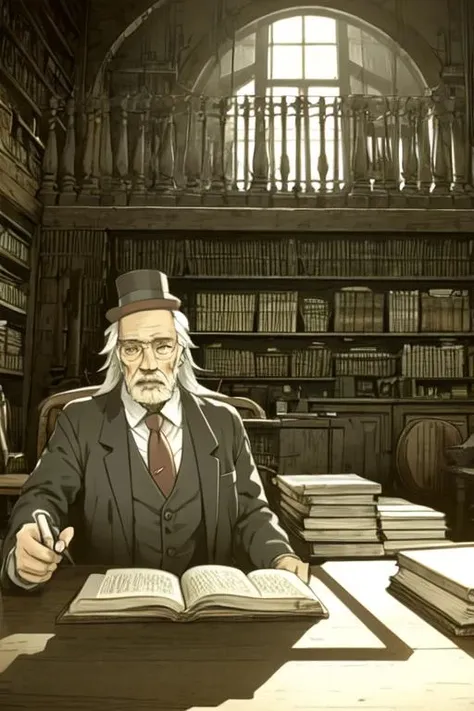 top quality, best quality,
male focus, solo, goggles, facial hair, hat, necktie, mustache, top hat, long hair, old man, beard, white hair, vest, steampunk, upper body,
bookshelf, indoors, letterboxed, chair, sunlight, light rays, window, book, library, scenery, sunbeam, solo, globe, standing,table, stairs, white hair, chandelier,