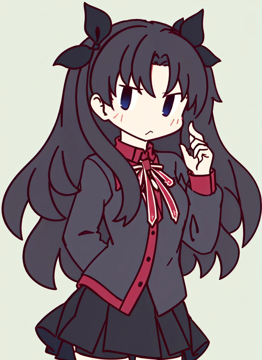 aka shiba, | | , 1girl, tohsaka rin, long hair, thighhighs, skirt, blue eyes, black thighhighs, black hair, closed mouth, green background, looking at viewer, shirt, simple background, solo, upper body <lora:aka_shiba_offset:1> <lora:rin:0.7>