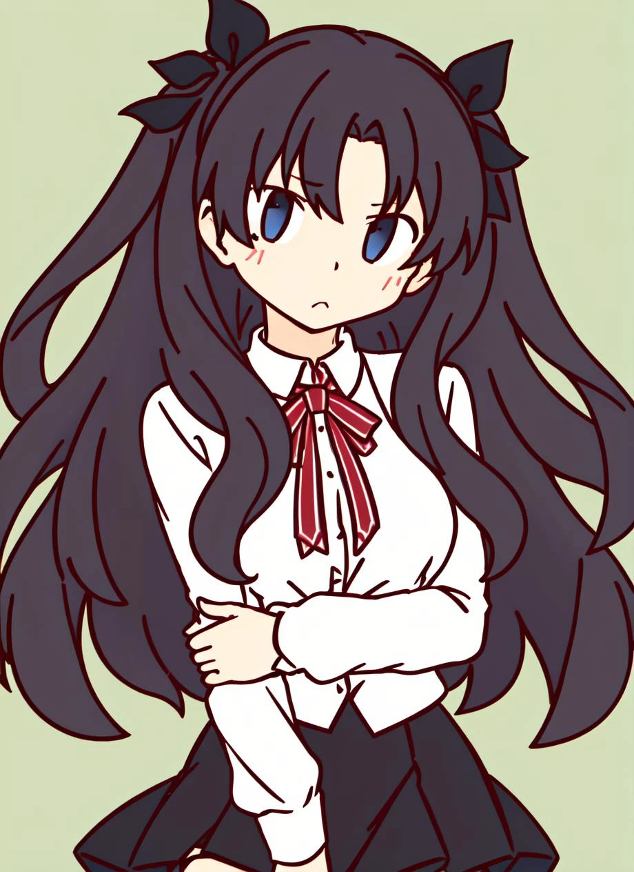 aka shiba, | | , 1girl, tohsaka rin, long hair, thighhighs, skirt, blue eyes, black thighhighs, black hair, closed mouth, green background, looking at viewer, shirt, simple background, solo, upper body <lora:aka_shiba_offset:1> <lora:rin:0.7>
