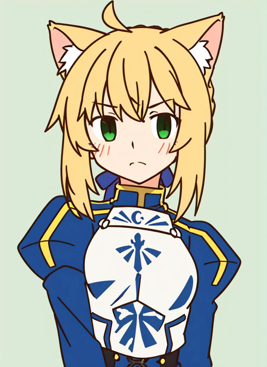 aka shiba, | | , 1girl, artoria pendragon \(fate\), cat ears, green eyes, closed mouth, green background, looking at viewer, shirt, simple background, solo, upper body <lora:aka_shiba_offset:1> <lora:Artoria_Pendragon:0.7>