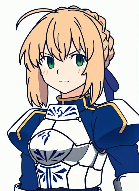 aka shiba, | | , 1girl, green eyes, artoria pendragon \(fate\), armor, closed mouth, blue background, looking at viewer, shirt, simple background, solo, upper body <lora:aka_shiba_offset:1>  <lora:Artoria_Pendragon:0.7>