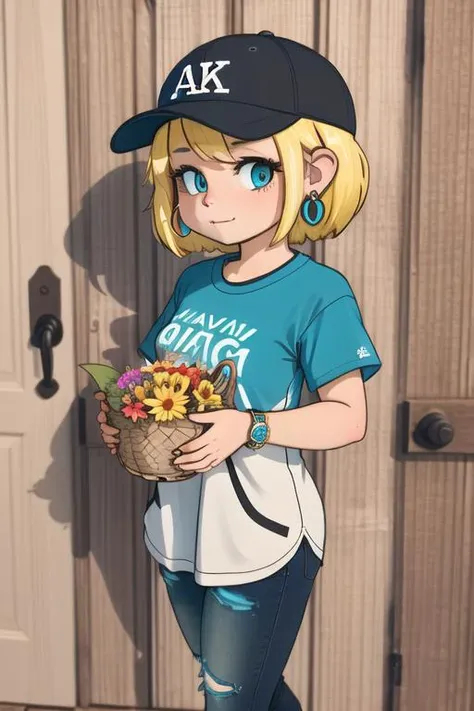 aka shiba, | | , 1girl, Leaning against a rustic barn door, she holds a basket of freshly picked flowers, radiating rustic charm, aqua eyes, baseball cap, blonde hair, closed mouth, earrings, hat, hoop earrings, jewelry, shirt, short hair, solo, yellow shirt <lora:aka_shiba_offset:0.8> <lora:ThickCalves:0.8> thick calves