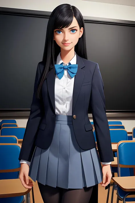a girl standing in a classroom with a chalkboard behind her, tall height, black hair, blue eyes, straight hair, ((high school girl)), slender, elegant, standing, shy smile, (student uniform, (blue blazer), (grey skirt), ((long skirt))), (insanely detailed, beautiful detailed face, masterpiece, best quality)+, (anime, illustration), (tights,stockings), (((classroom, auditorium))),  1girl, solo, blue_bow