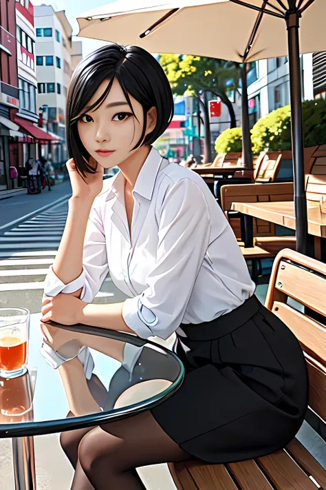 a korean woman sitting at an outdoor cafe, (college student), suit, black hair, straight hair, short hair cut below ears, 20-years-old, full seated view, outdoor table at a cafe, highest quality, masterpiece, asian, realistic woman, petite, detailed face