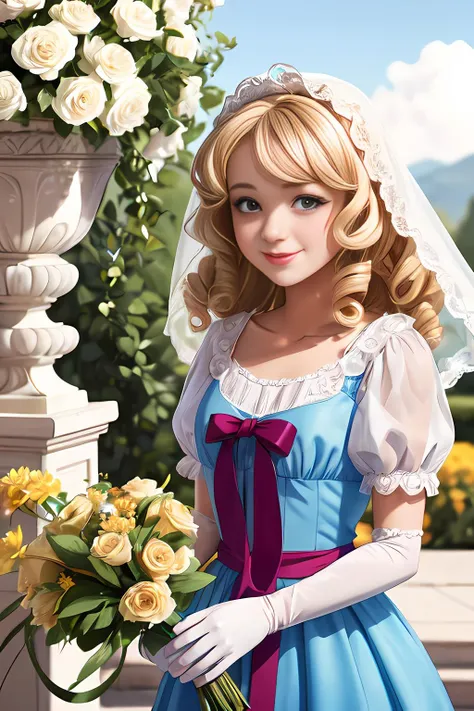 a 16-year-old blonde girl in a spanish-style dress with mantilla holding a bouquet of flowers, (shy smile)+, (holding flowers), (very curly), curly hair, anime style, shirley_temple, ringlets, 1girl, elbow_gloves, white_gloves, solo, hair_flower, bokeh, mantilla