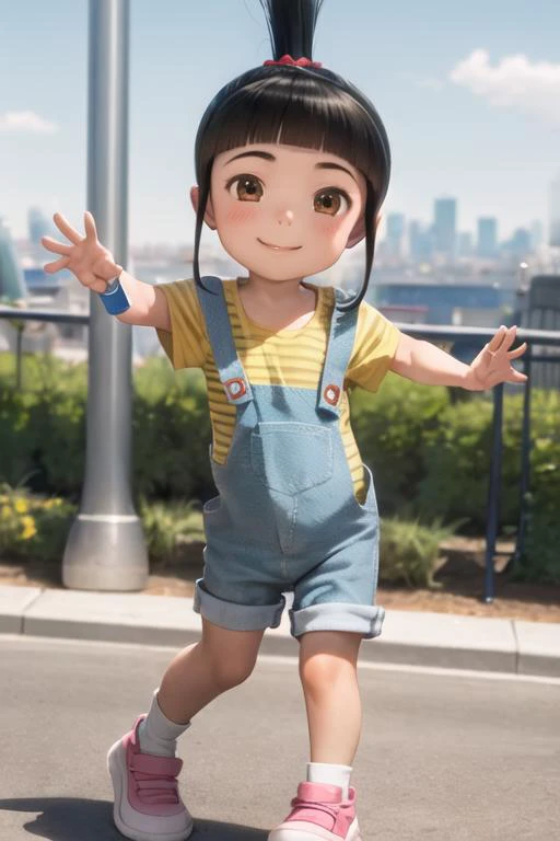 1girl, female child, agnes, black hair, brown eyes, high ponytail, overalls, shirt, smile, looking at viewer, city <lora:agnes-000001:1>