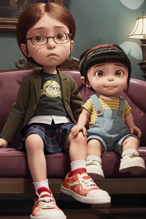 AS-Younger 2girls black hair bangs overalls smiling sitting on a sofa victorian gothic manor interior rim lighting, (masterpiece:1.2) (photorealistic:1.2) (bokeh) (best quality) (detailed skin:1.3) (intricate details) (8k) (cinematic lighting) (sharp focus) <lora:agnes-000002:0.9>