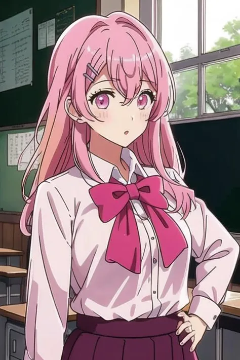 <lora:kotobuki_minami_v1-000003:0.6>, masterpiece, best quality, kotobuki_minami, 1girl, solo, long_hair, pink hair, looking_at_viewer, bangs, shirt, hair_ornament, bow, hair_between_eyes, school_uniform, white_shirt, upper_body, pink_hair, parted_lips, hairclip, collared_shirt, indoors, bowtie, pink_eyes, red_bow, red_bowtie, classroom, chalkboard