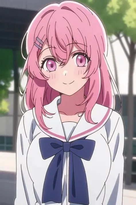 <lora:kotobuki_minami_v1-000003:0.8>, masterpiece, best quality, 1girl, kotobuki_minami, pink_eyes, closed_mouth, collarbone, school_uniform, looking_at_viewer, neckerchief, outdoors, sailor_collar, school_uniform, serafuku, smile, solo, upper_body