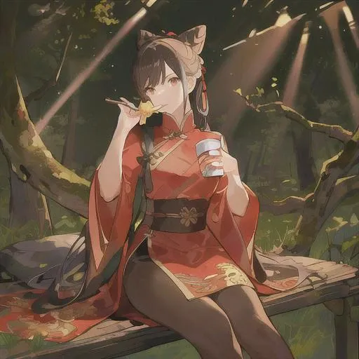 forest, (best quality:1.3), (masterpiece:1.1), (illustration:1.2), (ultra-detailed:1.2), beautiful detailed eyes, (Extremely detailed forest background:1.1), <lora:CHAR Li Dailin:0.9>, black hair, double bun, Li Dailin, (masterpiece), (bestquality), (absurd res), (intricate details), holding bottle, sitting, drinking, (highly detailed), detailed eyes, golden eyes, temple, red china robes, ambient lighting, pantyhose, 1 girl, ((solo)), shading, cowboy shot