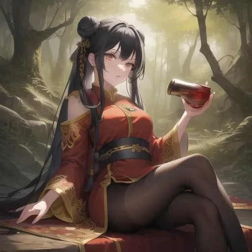 forest, (best quality:1.3), (masterpiece:1.1), (illustration:1.2), (ultra-detailed:1.2), beautiful detailed eyes, (Extremely detailed forest background:1.1), <lora:CHAR Li Dailin:0.9>, black hair, double bun, Li Dailin, (masterpiece), (bestquality), (absurd res), (intricate details), holding bottle, sitting, drinking, (highly detailed), detailed eyes, golden eyes, temple, red china robes, ambient lighting, pantyhose, 1 girl, ((solo)), shading, cowboy shot