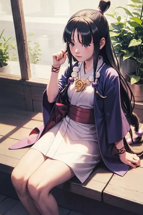 masterpiece, best quality,indoors,maya fey, looking up, long hair, japanese clothes, magatama, black hair, 1girl, simple background, jewelry, kimono, arm up, short kimono, necklace, sash, reaching